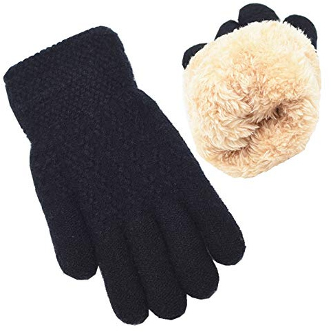 FENELY Winter Gloves for Boys Girls - Kids Warm Knit Thermal Cable Knitted Gloves Black Wool Fleece Lined Mittens for Cold Weather
