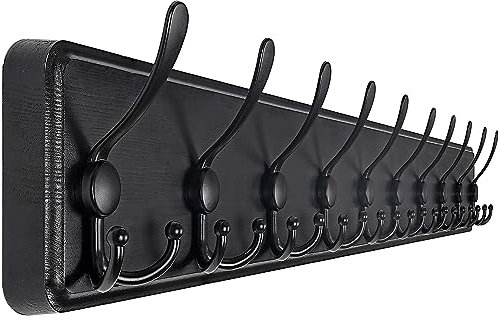 SKOLOO Coat Rack Wall Mounted - 38.3'' Long, Wooden, Heavy Duty, Rustic Coat Hooks for Wall, 16'' Hole to Hole, Wall Coat Rack with 10 Triple Hooks for Hanging Clothes, Jacket, Hat(Black)