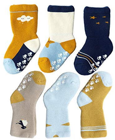 J Poqobog Baby Anti Rutsche socken Baumwollsocken Mädchen stoppersocken Kinder kindersocken Jungen Babysocken krabbelsocken warmhalten 3/6Paar (Starlight and pinguine, 1-3 Jahre)