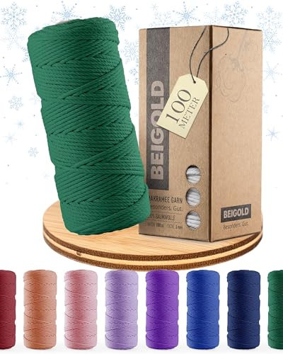 BEIGOLD® Premium Makramee Garn 3mm x 100m - Makramee Waldgrün - Baumwollgarn Mischgarn zum Knüpfen von Macrame - Rope Garn - Makramee-Garn aus Baumwolle für Kunst DIY Handwerk