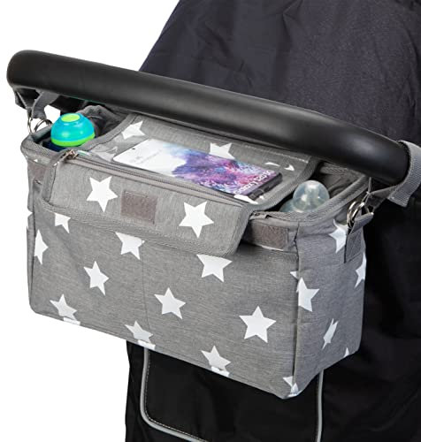 Kinderwagen Organizer XL mit Smartphone-Tasche (Handy-Halter) und Kinderwagen Clips. Grau weiße Sterne. BTR