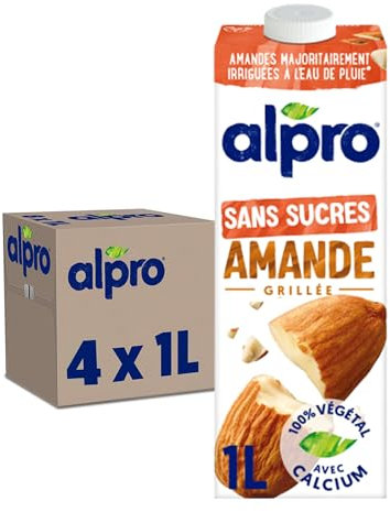 Alpro - Boisson Végétale - Lait d'Amande Grillée Sans Sucres - 1L - Lot de 4x1L