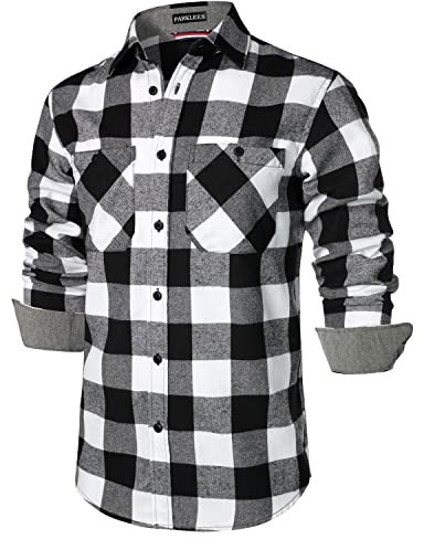 PARKLEES Chemise classique élégante à manches longues en polaire à carreaux avec poche pour homme, blanc/noir, L