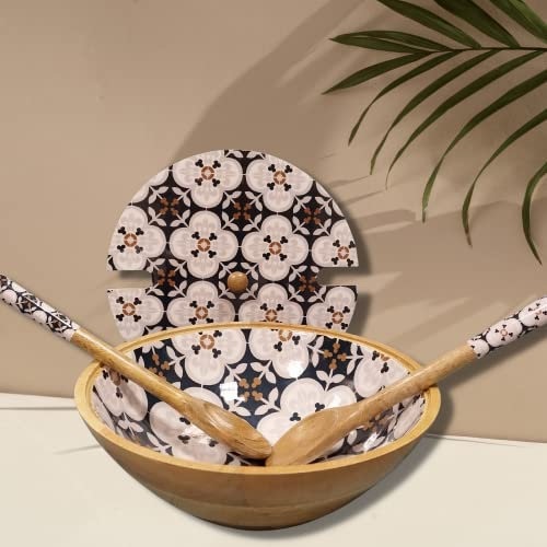 Hartsmede Handmade Wooden Salad Bowl with Lid & Spoons – 12 Large Mango Wood Covered Serving Bowl – Rustic Eco-Friendly Fruit Bowl – Sustainable Gift for Kitchen or Wedding (Palazzo)