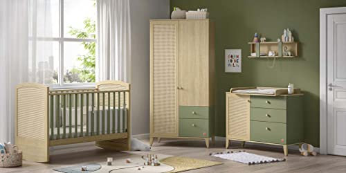 Froschkönig24 Loof Baby 6-teiliges Babyzimmer Komplettset Braun/Grün, Matratze:ohne