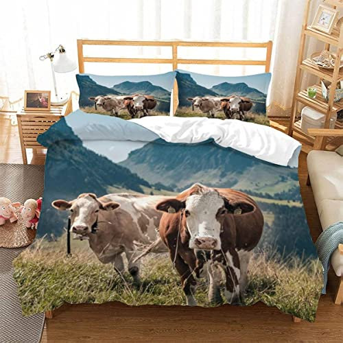 BUMIYA Kinder Bettwäsche Set 135x200 3D Druck Kuhtier Bettwäsche100% Mikrofaser Weiche mit Reißverschluss Schweizer Kuh Jungen Mädchen Bettbezüge mit 2 Kissenbezug 80x80 cm