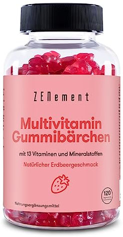 Gommes Multivitamines et Minéraux pour Enfants et Adultes, 120 Gummies | Goût Naturel Fraise | Avec 13 Vitamines et Minéraux | Sans Gélatine, Végétarien, Sans Gluten | Zenement