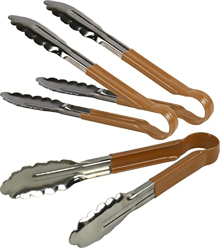 3X Catergold Professional Stainless Steel Cooking Tongs Set (9, Brown)
