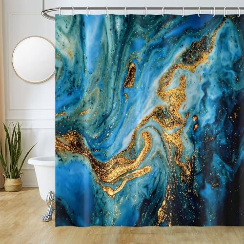 Duschvorhang 180x200cm, Uiiooazy Duschvorhang Anti Schimmel Marmor Optik Blau Gold Abstrakt Marmoriert Modern Duschvorhänge Stoff Waschbar Wasserdicht Polyester Bad Vorhang mit 12 Haken für Badezimmer