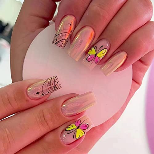 Glossy Butterfly Press on Nails,Pink Kawaii Medium Coffin Full Cover Fake Nails,Cute Acrylic Artificial False Nails Stick on Nails for Women Girls,Reusable?Glue on Nails 24 pcs with Adhesive Tab