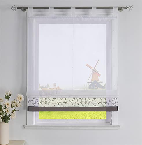 CORLIF Raffrollo mit Blumenmuster Bestickte Raffgardine Küche Modern Schlaufenrollo Leinenoptik Transparente Rollo Kurz Fenster Schal Landhaus mit Schlaufen B/H 120/150 cm Grau