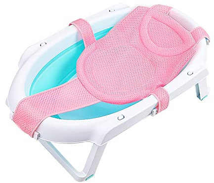 Pinsheng Baby Faltbar Badewannensitz Stütznetz Badewanne Netz Antirutsch BadeNetz Kreuzförmig Badewanne Pad Badezubehör, Babywannenkissen für Neugeborene Kleinkind 0-24 monate (Rosa)