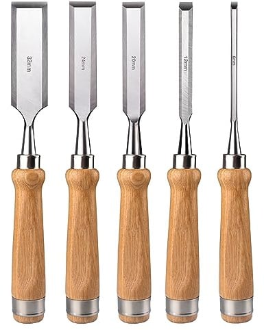 ATOPLEE Professionelles Holzmeißel-Set, 5-teilig, CR-V-Stahl, Abgeschrägte Kante, Für Holzbearbeitung, Tischler, Hohlmeißel, 1/2, 3/4, 1 1/4 Zoll