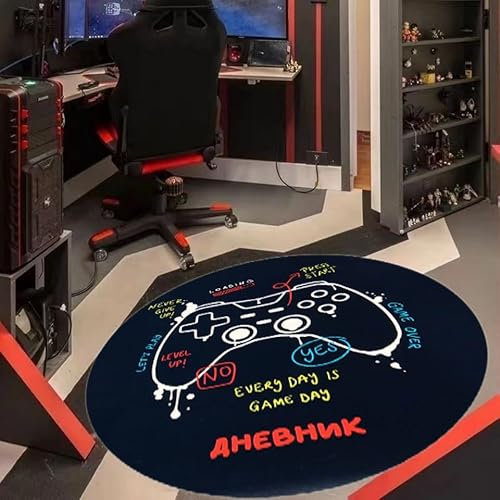Iczodrow Game Carpet with Gaming Handle Design Round Video Rug, Round Velvet Anime Chair Mat for Bedroom Black (Game Mat A, 40''X40'')