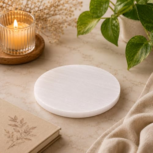 LANDSTER Selenit Ladeplatte LadeScheibe Kristall Ladeplatte Selenit Teller Scheibe Selenit Rund Platte Heilung Edelstein Reinigung Dekoration Home Decor 10 cm