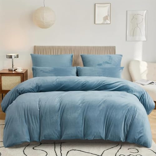 DXHOME Flauschige Bettwäsche 135x200cm Winter Blau Hellblau Plüsch Kuschelbettwäsche Warm Pastell Flanell Microfaser Bettbezug mit Reißverschluss + 1 Kissenbezug 80x80 cm