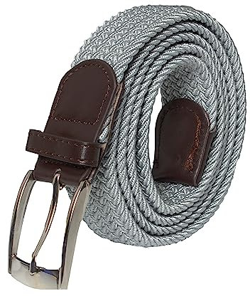 989Zé ENZO Mens Stretch Belts Ladies Elasticated Woven Adjustable Braided Metal Buckle Belt (Light Grey, L)