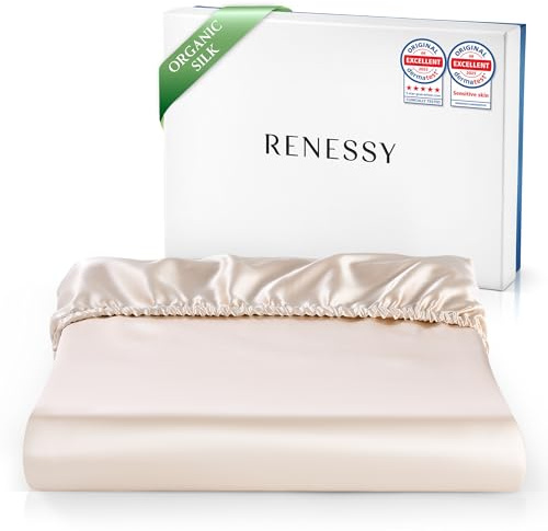RENESSY Spannbettlaken aus 100% Bio-Seide 140x200 cm, Bettwäsche Spannbetttuch aus 22 Momme Maulbeerseide, Güteklasse 6A, Oeko-Tex zert. in Deutschland, Matratzenhöhe bis 30 cm (Champagner)