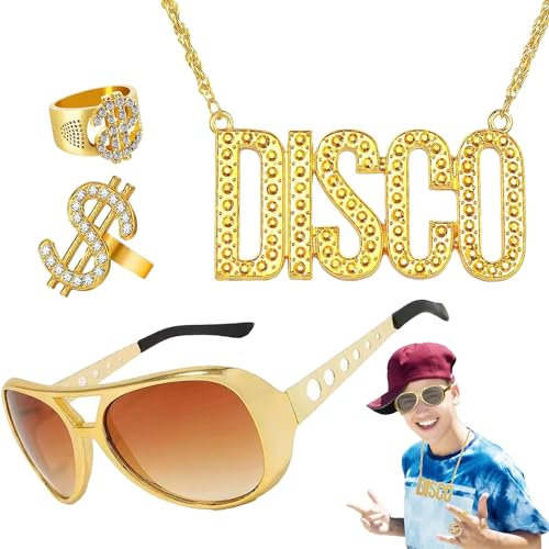 Sunshine smile 4 Stück Dollar kette gold,dollar kette gold kostüm,zuhälter kostüm,Hip Hop Kostüm Set,Dollar Zeichen Halskette Ringe Sonnenbrille Goldkette Fasching Karneval für 70er,80er,90er Jahre