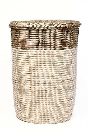 YAADU Wäschekorb mit Deckel 80L – Großer Wäschesammler mit Deckel, Geflochtene Wäschetonne, Boho Wäschekorb mit Henkeln, Wäschebehälter für Schmutzwäsche, Modell Fakoly (Schwarz-Weiß-Flach)