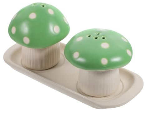 Luxshiny Mushroom Salt & Pepper Shaker Set - Ceramic Spice Jars with Vintage Green Design, 15cm Tall Seasoning Bottles for Kitchen, Dining Table & Restaurants (Set of 2)