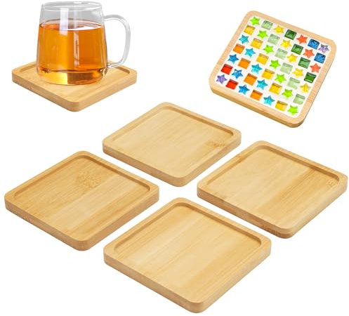 4 Stück Bambus Tablett Quadratisch, 9cm Klein Tablett aus Holz, Handgefertigte Mosaik-Holzuntersetzer, Holztablett, Serviertablett, Bambus Untersetzer für Handgefertigte Basteln, Mosaikzubehör, Deko
