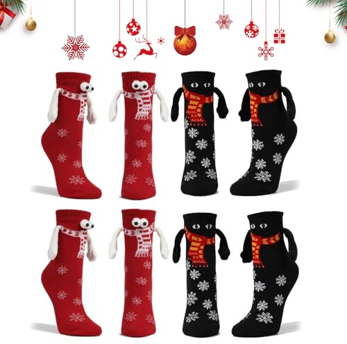 4 Paar Weihnachtssocken Mit Magnetarmen Unisex 3D Puppes Paar Socken | Hand in Hand Holding Socks Magnetische Christmas Socks Halten Hände Socke Weihnachtssocken Lustige Geschenk Für Paare