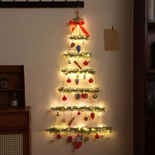 Christmas Wooden Ladder Tree Hanging LED Lights, Rustic Space Saving Fairy Lights, Vintage Style Wall Mountable DIY Xmas Wall Decor (Green)