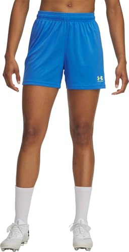 Under Armour Women's Challenger Knit Short, Lightweight and Fast-Drying Ladies' Gym Gear, Comfortable Women's Shorts for Training, Gym and Casual Wear,Blue Atlantis / / High Vis Yellow,XS