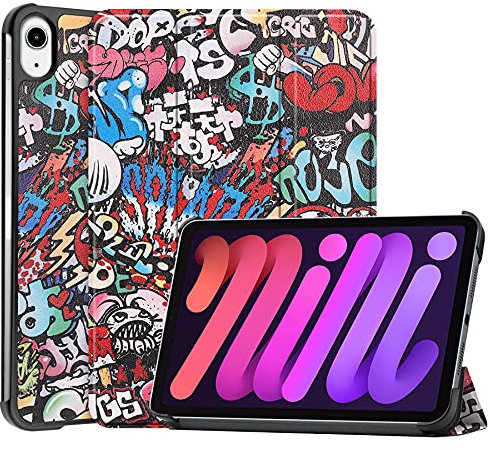 Hoozey - Hülle kompatibel mit Apple iPad Mini 7 (2024) / Mini 6 (2021) - 8.3 Zoll - Mit Auto/Wake-Funktion - Kunstleder TPU Tablet Case Schutzhülle - Graffiti