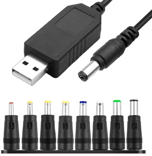 USB to DC 12V Cable 1M Universal USB to DC Power Chager Cord 5.5 X 2.1mm Plug Adapter with 8 Interchageable DC Connectors 12V Fast Charging Cable DC Adapter Compatible for Laptops Router Keyboard Toys