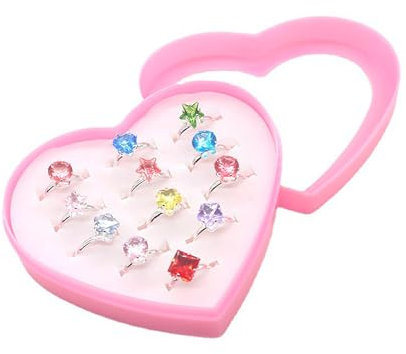 Oykrueats Kinder Ringe Mädchen, Herzformkasten, 12 Stück Ringe mit Herzen, Sternen und Blumen, Kinderschmuck für Mädchen, Geburtstagsfeiern, Party Favors