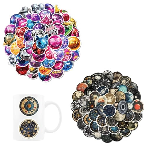 HSUYUN 100 Stück Galaxie Aufkleber Set, Wasserfest Vintage Aufkleber, Planet Universum Aufkleber Kalender, Dunkle und Farbenfrohe Serie, für Dekorieren, Verschenken, Selbermachen