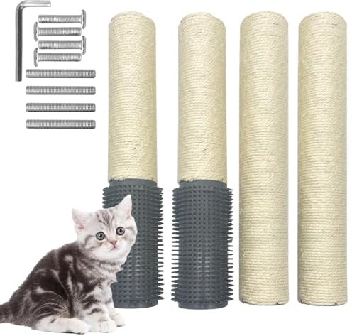 PINVNBY 4PCS Cat Scratching Post Replacement with Groomer, 15.7 Natural Sisal Spare Extension Scratch Post for Cats Tree DIY Craft Climbing Perch Hemp Rope Scratcher Perch Parts White