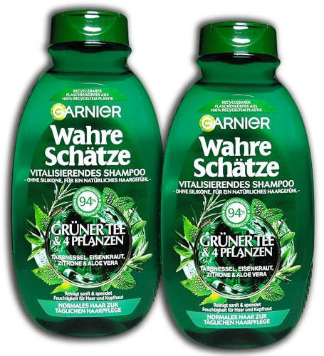 2 er Pack Garnier Wahre Schätze Shampoo Grüner Tee & 4 Pflanzen Normales Haar 2 x 250 ml