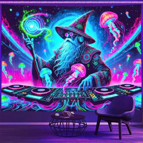 BlissYard Wizard Schwarzlicht-DJ-Wandteppich, 190 x 150 cm, UV-reaktiv | Schwarzlicht-Musik, leuchtet im Dunkeln, Hippie-Wandbild, UV-Wandteppich für Schlafzimmer, Dekoration, Wohnzimmer und Bar