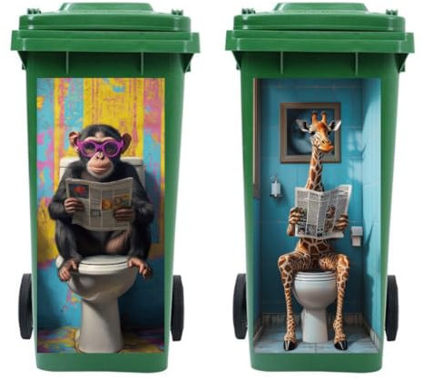 peacoblue 2 Stück Mülltonnenaufkleber 38x82cm Giraffe und Gorilla auf Toilette Mülltonnen Aufkleber Wetterfest Groß Mülltonnen Sticker Draußen Für Auffahrt, Garten, Wand, Außen-und Innendekoration