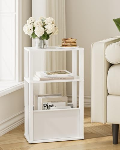 Apetaccat Narrow Side Table for Small Spaces, Slim End Table with Storage Basket, Small Bedside Table for Bedroom, Sofa Side Tables Living Room,Bathroom,White