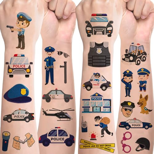 Polizei Tattoos für Kinder,Bunte Temporäre Tattoos mit Polizeiauto, Polizisten und Polizeiausrüstung, Kindertattoos Hautfreundlich für Geburtstagsparty, Mitgebsel, Gastgeschenke & Party Deko