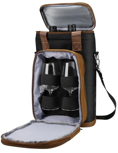 Rexmore Insulated Two Bottle Wine Tote Carrier with Secure Compartment | Tactical Cooler Bag, 900D Oxford Water-resistant, Holds Glasses & Opener, Adjustable Strap, For Picnic/Beach/Travel/Parties