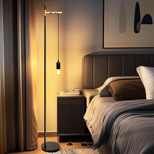 Aigostar Stehlampe E27 Metall - Hängende Wohnzimmerlampe, Retro Floor lamp mit 180cm Kabel, Fußschalter, Schwarz/Gold (Ohne Leuchtmittel)