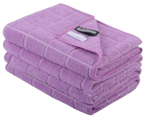 KinHwa 4er Set Geschirrtücher Mikrofaser in 45x65cm Hochsaugfähig & Langlebig Fusselfrei Streifen Geschirrtuch -Tea Towels-Küchentücher Dicke Premium Geschirrtuch(Hellviolett)