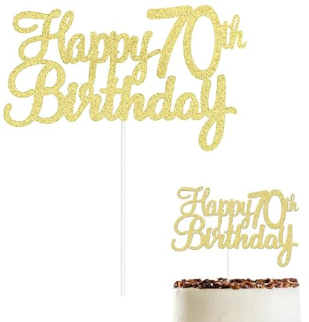 YCSHIPO 70th Birthday Cake Topper - Glitter Gold Cake Pick for 70 Years Old Celebration Decorations