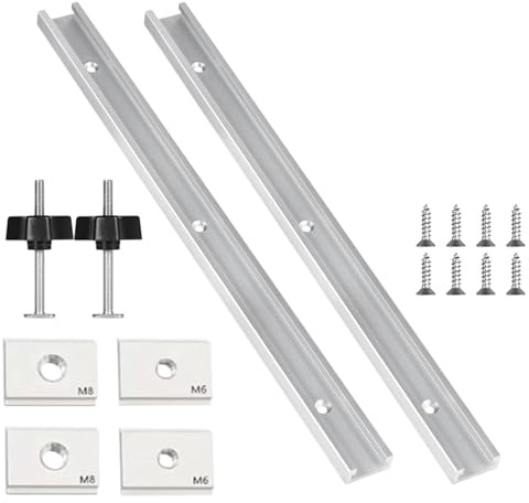 2 Stück 400mm T Nut Schiene aus Aluminiumlegierung, T-Track Gleitschiene mit Schrauben, T Nut Gleitschiene Gehrungsschiene Set für Holzbearbeitung, Enthält 2 M8 Griff 2 M6 und 2 M8 Gleitblock