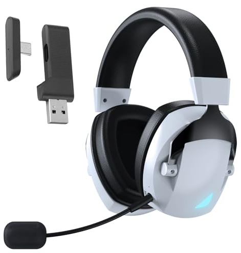 Tosuny Casque de Jeu sans Fil 2,4 G, Bluetooth 5.4 avec Micro Antibruit, Lumière RVB, Son Surround 7.1, Prise Jack 3,5 Mm, Pilote 50 Mm, pour PS /, PC, S Witch (Noir Blanc)