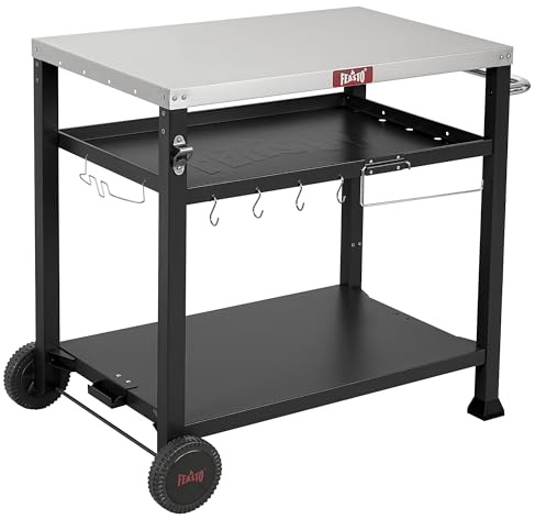 Feasto 3-Tier BBQ Serving Trolley with Stainless Steel Tabletop 85x55 cm | Outdoor Grill Dining Cart with Extra Tools Rack, Barbecue Cart for Food Prep and Portable BBQ Grill & Pizza Oven