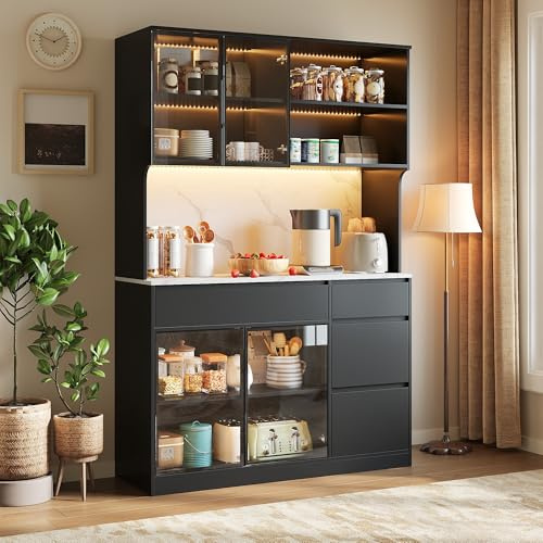 Merax Hochschrank Vitrine 120x40x180 cm, mit Marmoroptik-Mittelteil, Glaselementen & integrierten LED-Leuchten – Esszimmerschrank, Schwarz-Weiß