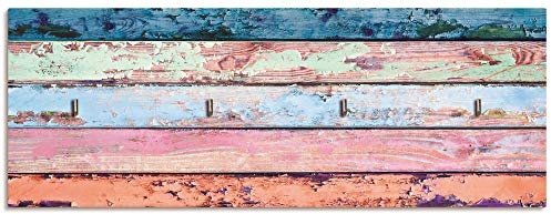 ARTLAND Schlüsselbrett Schlüssel Schmuck Organizer Hakenleiste Deko Wandhalterung Holz mit 4 Haken 40x15 cm Landhausstil Bunt J4SK
