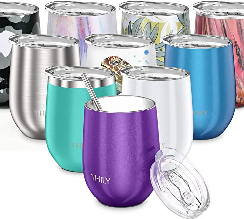 THILY Vacuum Insulated Stemless Wine Tumbler Triple-Insulated Stainless Steel Wine Glass with Lid, Reusable Straw, 350 ml, Wine, Coffee, Cocktails, Gifts Ideas for Women, Her, Girls, Purple