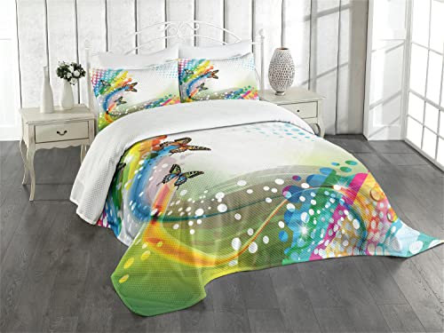 ABAKUHAUS Trippy Tagesdecke Set, Flying Colors Schmetterling, Set mit Kissenbezügen Waschbar, für Einselbetten 170 x 220 cm, Mehrfarbig Pink